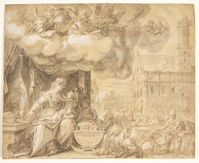 Den hellige familie. Fo syngende engler. I bakgrunnen Michaels kirke i München hvis tårnengler bringer byggemateriale av Friedrich Sustris