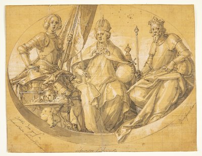 Utkast til et ovalt takmaleri(?) som viser kongene Otto den store (912-973), Ludvig den store (1417-1479) og Ruprecht (1352-1410) av Friedrich Sustris