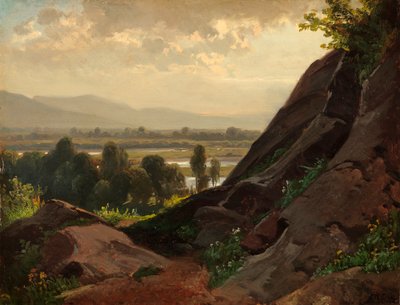 Fjelllandskap med et steinete utspring i forgrunnen av Friedrich Voltz