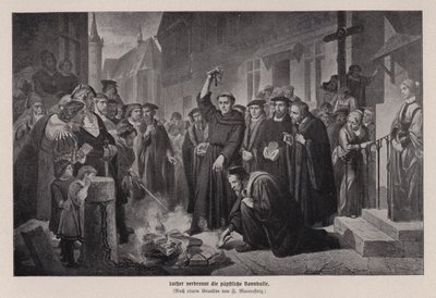 Martin Luther brenner den pavelige oksen i Wittenberg, Tyskland av Friedrich Wilhelm Heinrich Martersteig