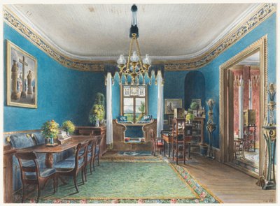 Tegning, Det blå rommet, Fischbach slott, 1846 av Friedrich Wilhelm Klose