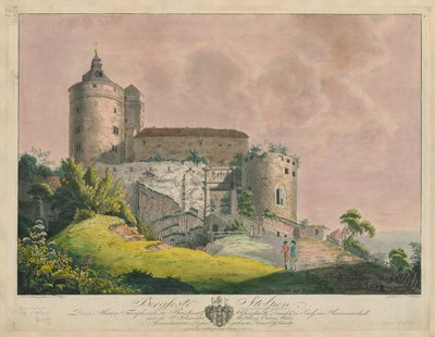 Bergfeste Stolpen, ca. 1800 (farget gravering) av Friedrich or Johann Friedrich Wizani