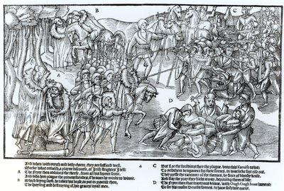 Den irske høvdingen mottar prestens velsignelse før han drar for å kjempe mot engelskmennene, som vises i full rustning, plate 4 fra 