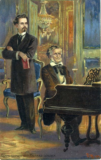 Wagner og kong Ludwig II, ca. 1900 (farge litho) av Fritz Bergen