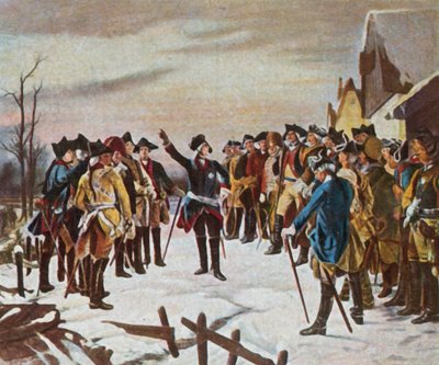 Tale av Fredrik den store til sine generaler kvelden før slaget ved Leuthen, 5. desember 1757 (forbedret fargelitografi) av Fritz Roeber