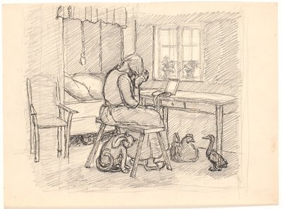 Den gamle kone fletter hår av Fritz Syberg