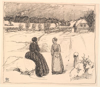 Ute i snøen satt en kvinne i lange svarte klær... av Fritz Syberg