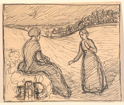 Ute i snøen satt en kvinne i lange svarte klær... av Fritz Syberg