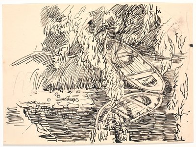 Et skogsvann med to robåter av Fritz Syberg