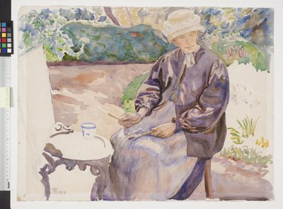 Kunstnerens kone, maleren Anna Syberg, i smedens hage av Fritz Syberg