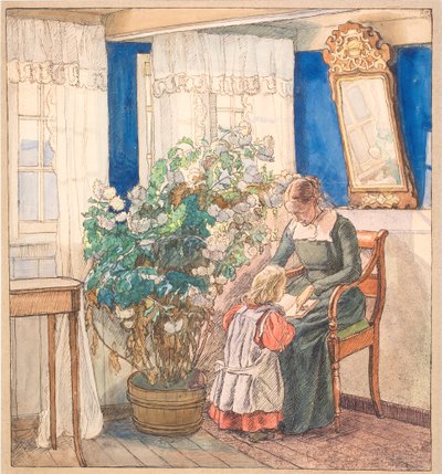 Mor og barn ser på bilder (Anna og Hans Syberg) av Fritz Syberg