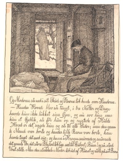 Og moren så ned i fanget hennes, og tårene rant nedover kinnene hennes... av Fritz Syberg