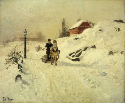 En hestetrukket slede i et vinterlandskap av Frits Thaulow