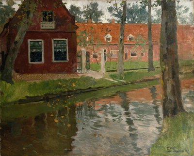 Fra Vollendam, rødt hus, vann av Fritz Thaulow