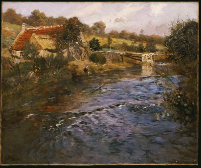 Elvelandskap med en vaskekone av Frits Thaulow