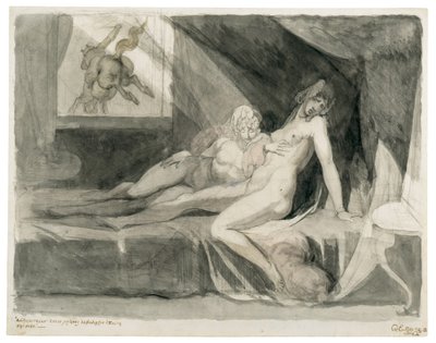 Alp forlater sengekammeret til to sovende kvinner, 1810. av Füssli