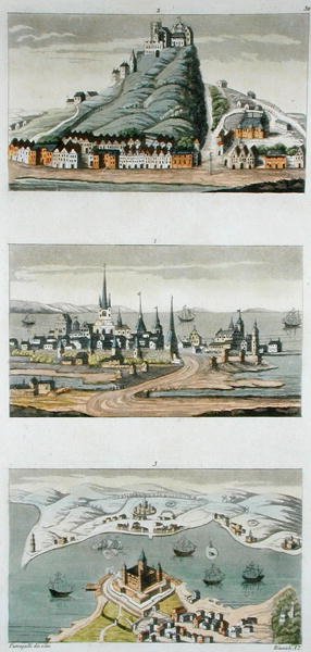 Skandinaviske havner (topp til bunn: København, Segeburg-festningen og Sund-fortet) ca. 1800-15, plate 50 fra 