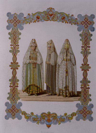 Costumes of Maidens fra Torzhok Fra serien Clothing of the Russian State, 1851 av Fyodor Grigoryevich Solntsev
