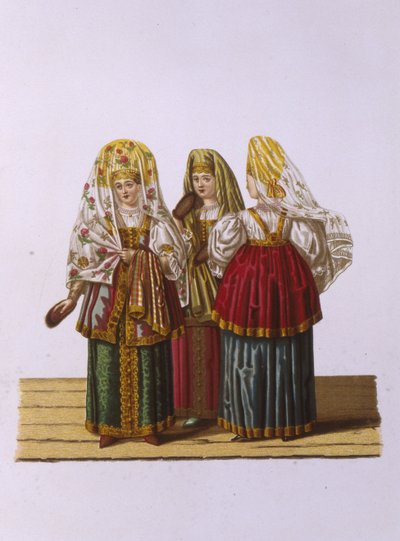 Kostymer av kvinner og jomfruer fra Tver Fra serien Clothing of the Russian State, 1851 av Fyodor Grigoryevich Solntsev