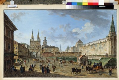 Moskva, utsikt over oppstandelsesporten ved Den røde plass. Maleri av Fjodor Yakovlevich Alexeev (1753-1824). Akvarell og gouache på papir, 58,2 x 91,2 cm, ca 1801. Russisk kunst, klassisisme. Museum av av Fyodor Yakovlevich Alexeev