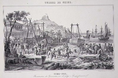 Setter sammen pistolbåter på stranden i Tche-Fou, fra "The War in China" av G.C. de Fortavion