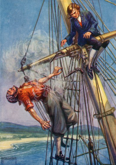 Illustrasjon for Treasure Island av Robert Louis Stevenson (farge litho) av G.P. Micklewright