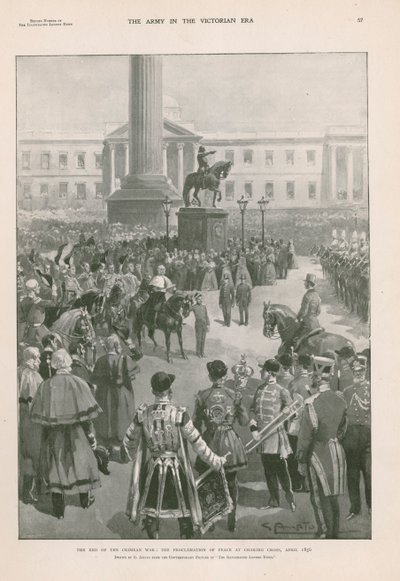 Slutten på Krim-krigen: fredserklæring ved Charing Cross, London, april 1856 (fotogravyr) av G.S. (after) Amato