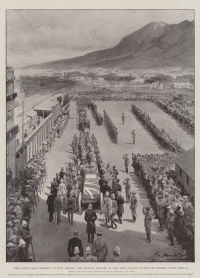 Cape Towns siste farvel til Cecil Rhodes, Cortege ankommer Cape Town Station for å bli med i begravelsestoget, 3. april av G.S. Amato