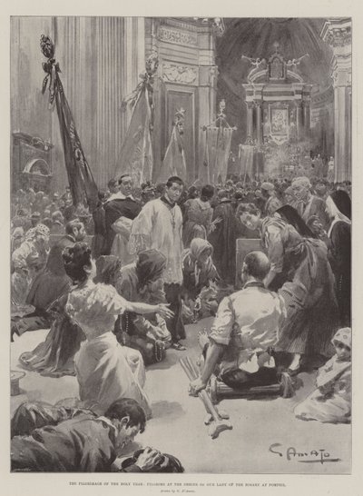 Det hellige års pilegrimsreise, pilegrimer ved helligdommen til Vår Frue av rosenkransen i Pompeii av G.S. Amato
