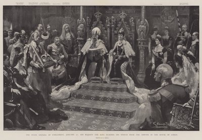 Statens åpning av parlamentet, 16. januar, Hans Majestet Kongen leser hans tale fra tronen i House of Lords av G.S. Amato