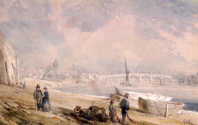 Themsen ved lavvann og Blackfriars Bridge, London, 1847 av G Chaumont