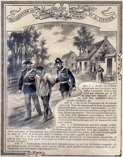 1789: Erklæring om menneskets og borgerens rettigheter: Respekt for loven. Gravering i "Den unike boken om etikk og samfunnsinstruksjon, beregnet på elever på de tre kursene på grunnskolen og de i grunnklassene til Lycees and Colleges, Deuxi av G. Dascher