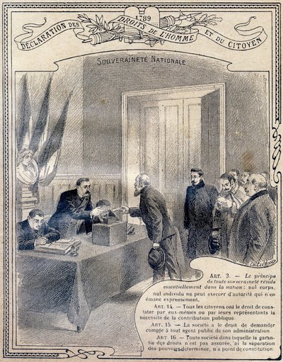 1789: Erklæring om menneskets og borgerens rettigheter: Nasjonal suverenitet. Gravure i "Den unike boken om etikk og samfunnsinstruksjon, beregnet på elever på de tre kursene på grunnskolen og de i grunnskolen på videregående skoler og høyskoler, av G. Dascher