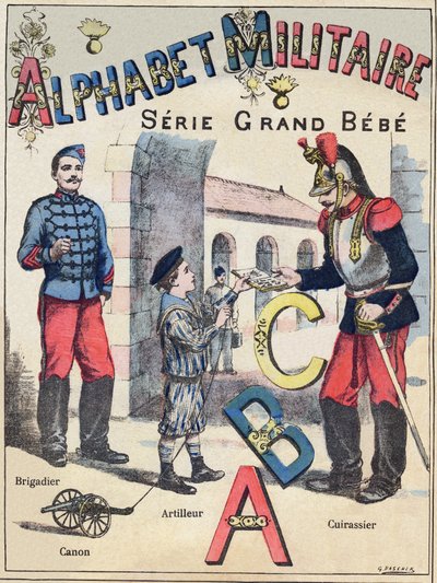 Cover av "Military Alphabet", Grand-Bebe-serien. Gravering. Pont-a-Mousson avbildning. Louis Vagne, Trykker-forlag, ca. 1900. Illustrasjoner av G. Dascher. 20 sider. Mål: 31,5x24,5cm av G. Dascher