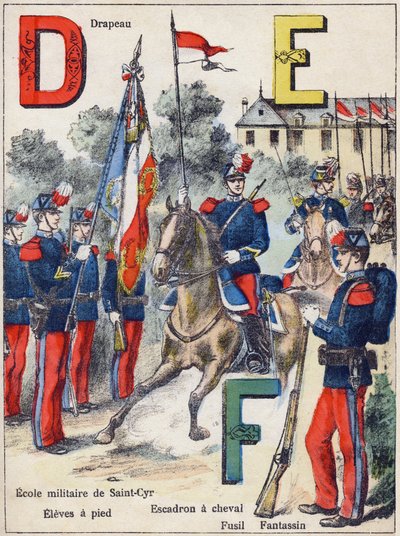 Bokstaver D E F: Flagg, Military School of Saint-Cyr (Saint Cyr), Eleves til fots, Horse Squadron, Rifle and Fantassin, ca. 1900 (litografi) av G. Dascher