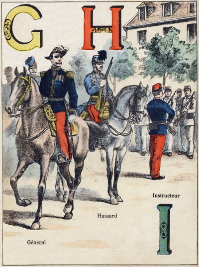 Bokstaver G H I: General, Hussard og instruktør. Gravering i "Alphabet militaire" , Grand-Bebe-serien. Gravering. Pont-a-Mousson avbildning. Louis Vagne, Trykker-Forlag, ca. 1900. Illustrasjoner av G. Dascher. 20 sider. Mål: 31,5x24,5cm av G. Dascher