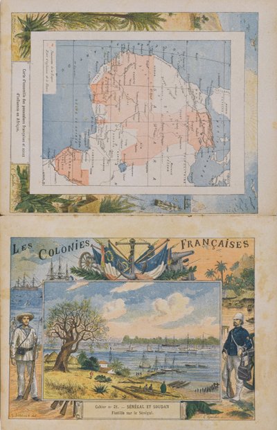 Kart over franske eiendeler og innflytelsessfærer i Afrika og utsikt over elven Senegal, omslag til en skoleoppgavebok, sent på 1800-tallet (fargegravering) av G. Dascher