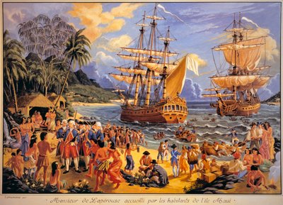 Jean Francois Galaup de Laperouse ønsket velkommen av innbyggerne på Mawee Island på Sandwichøyene i Stillehavet (farge litho) av G. Delcausse