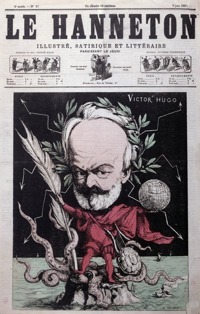 Karikatur av Victor Hugo (1802-85) som Zevs i eksil på Guernsey fra forsiden av Le Hanneton, juni 1867 av G. Deloyoti