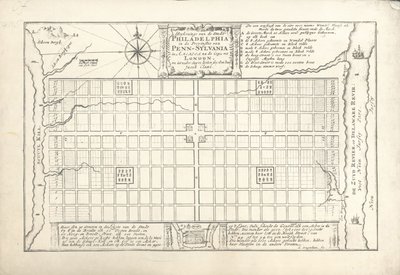 Den første planen for Philadelphia, utviklet av William Penn og Thomas Holme i 1682, 1684 av G. Drogenham
