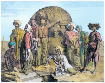 Arkeolog Bernardino Drovetti måler et kolossalt hode i den egyptiske ørkenen, 1819 av G Engelmann