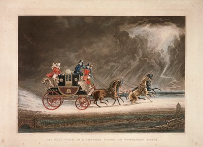 Postbussen i et tordenvær på Newmarket Heath, Suffolk, 1827. av G Reeves