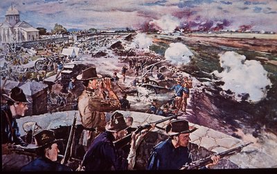 Spansk-amerikansk krig 1898, amerikansk artilleri i aksjon på Filippinene (akvarell på papir) av G. W. Peters