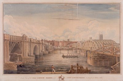 London Bridge gammel og ny, London, 1827 av G Yates