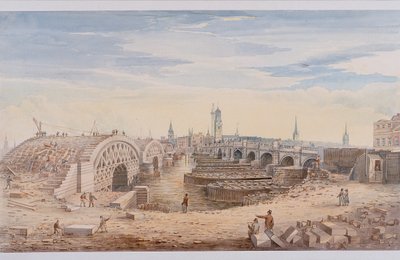 London Bridge gammel og ny, London, 1828 av G Yates