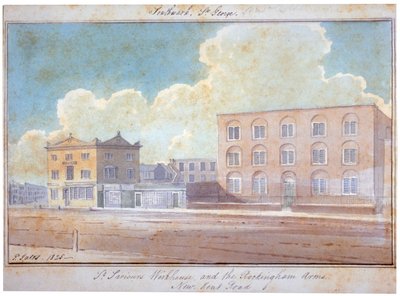 St Saviours arbeidshus og Rockingham Arms Inn, New Kent Road, Southwark, London, 1825 av G Yates
