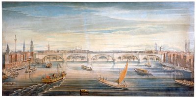 Utsikt over den nye London Bridge fra vest, med båter og lektere på Themsen, 1831. av G Yates