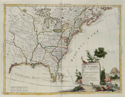Canada, de engelske koloniene med Louisiana og Florida, gravering av G. Zuliani hentet fra Tome I of the Newest Atlas publisert i Venezia i 1778 av Antonio Zatta, Private Collection av G. Zuliani