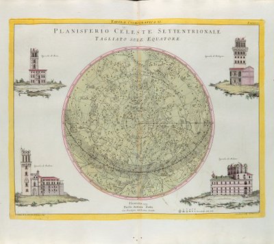 Cosmographic Table of the Northern Celestial Planisphere skåret ved ekvator, gravering av G. Zuliani hentet fra Tome I of the Newest Atlas publisert i Venezia i 1777 av Antonio Zatta av G. Zuliani