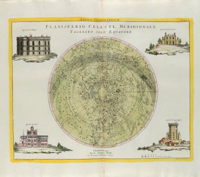 Kosmografisk plate av Southern Celestial Planisphere skåret ved ekvator, gravering av G. Zuliani hentet fra Tome I of the Newest Atlas publisert i Venezia i 1777 av Antonio Zatta av G. Zuliani
